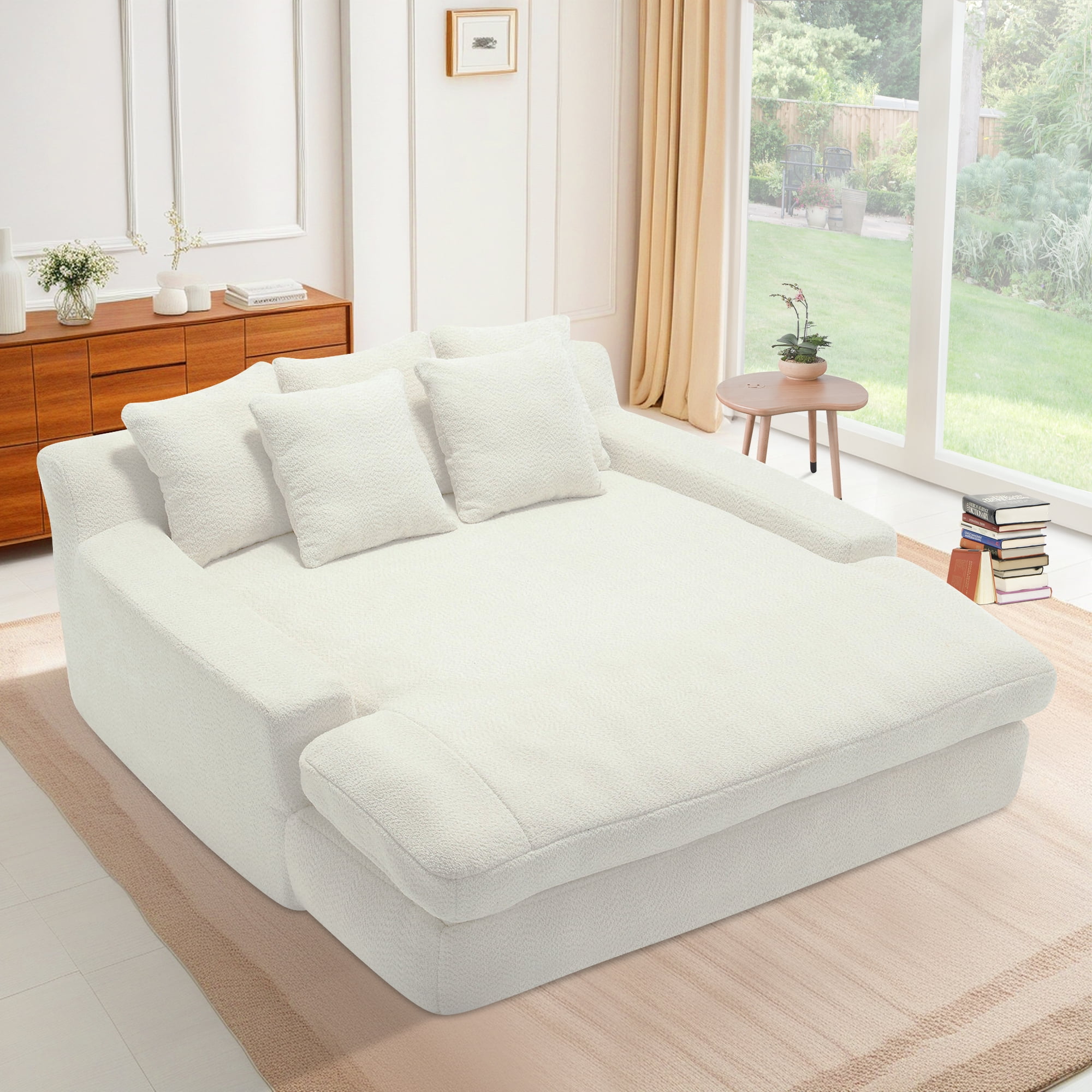 Lunale Oversized Deep Seat Lazy Sofa with 5 Pillows, Chenille 2-Seater Sleeper Couch for Living Room, White