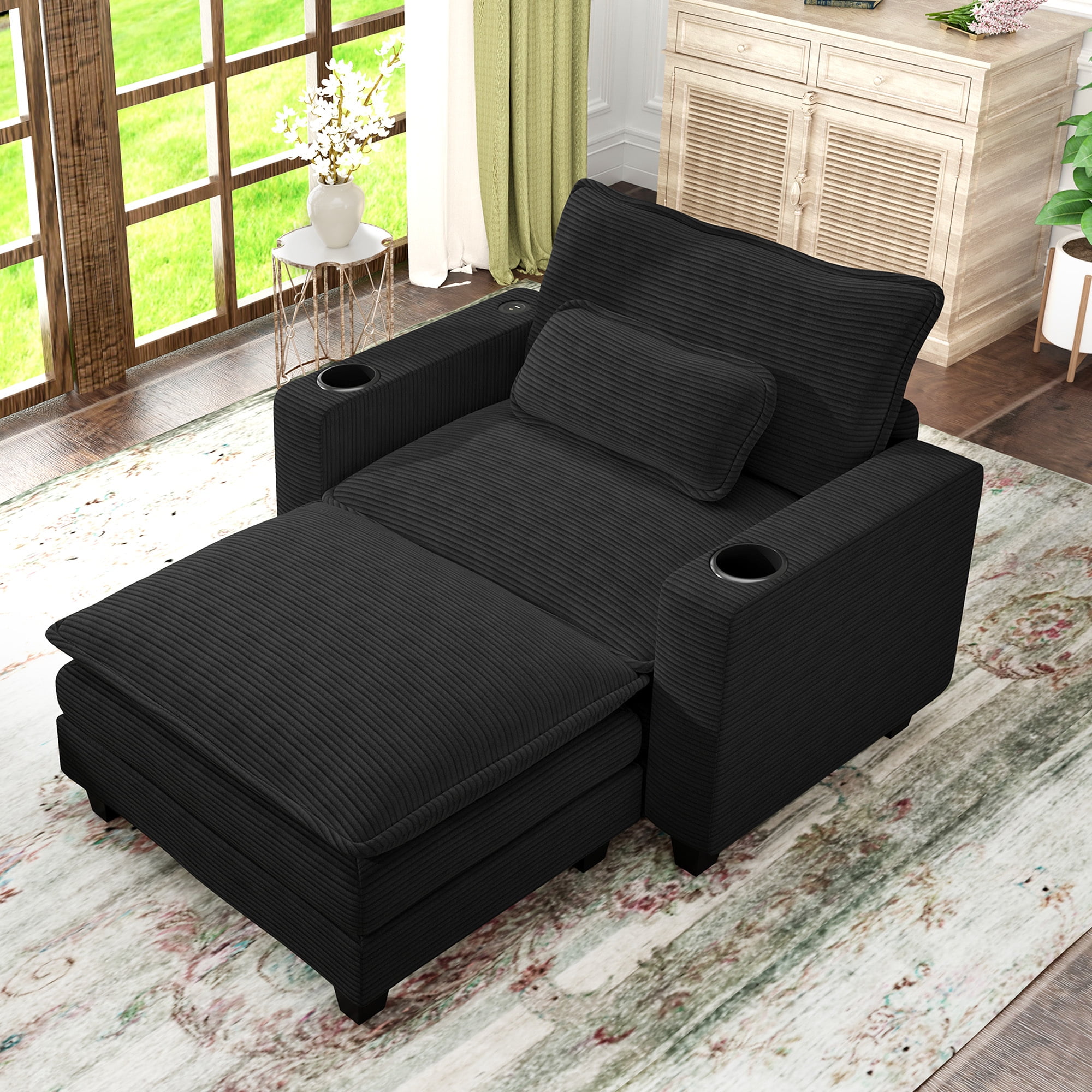 Lunale Oversized Lounge Chair & Ottoman Set - 45.5" Cloud Corduroy Accent Armchair with USB/Cup Holder for Modern Living/Bedroom, Black