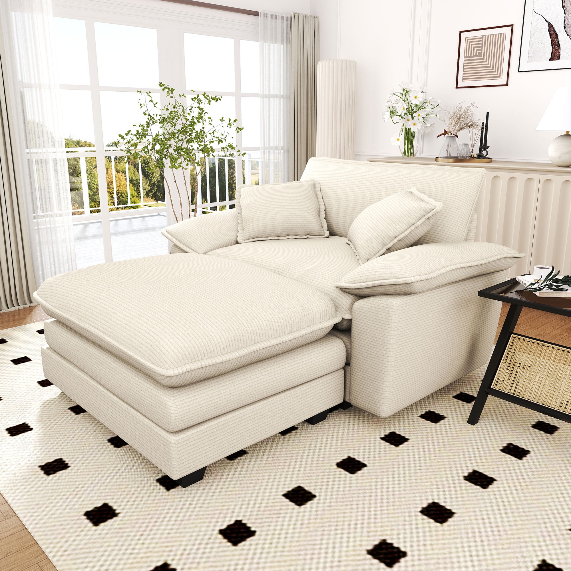 Lunale Oversized Lounge Chair & Ottoman Set - 48" Cloud Corduroy Accent Armchair for Modern Living/Bedroom, Beige Corduroy