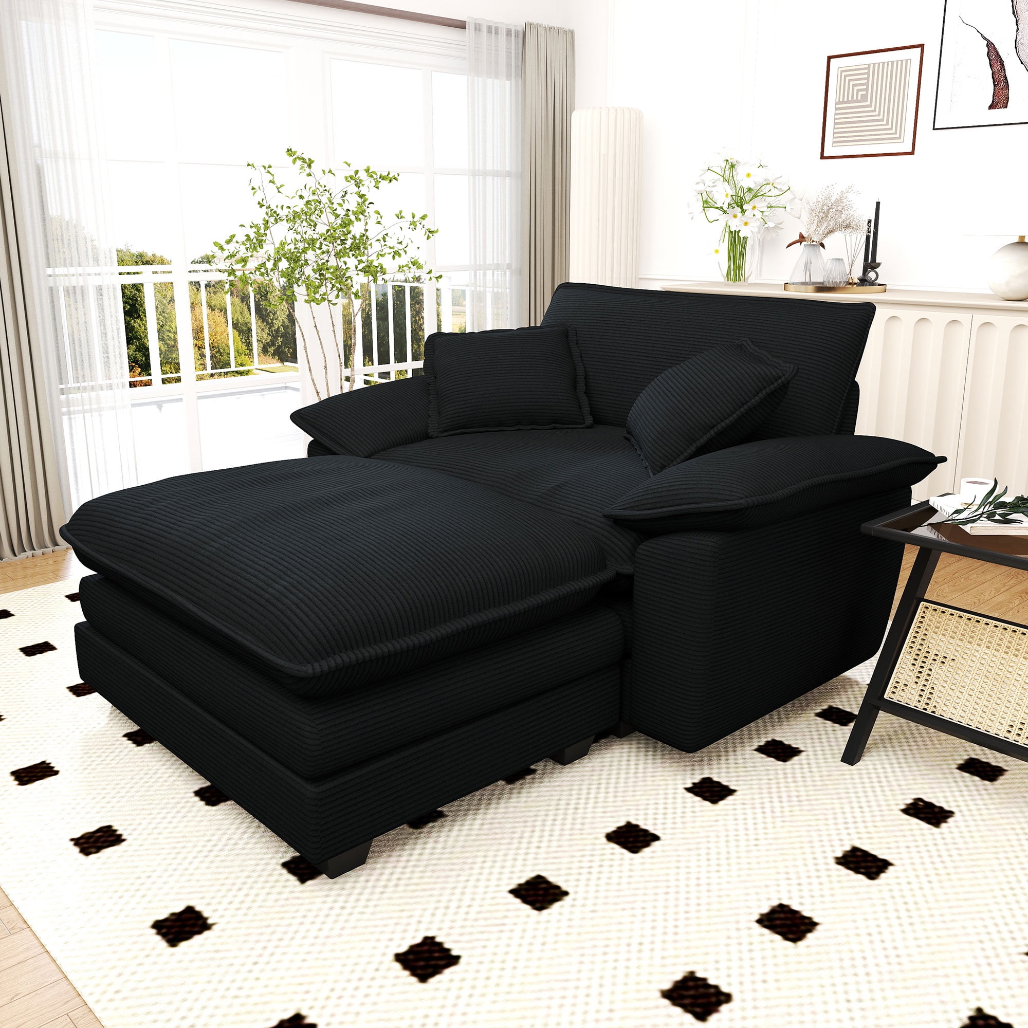 Lunale Oversized Lounge Chair & Ottoman Set - 48" Cloud Corduroy Accent Armchair for Modern Living/Bedroom, Black Corduroy