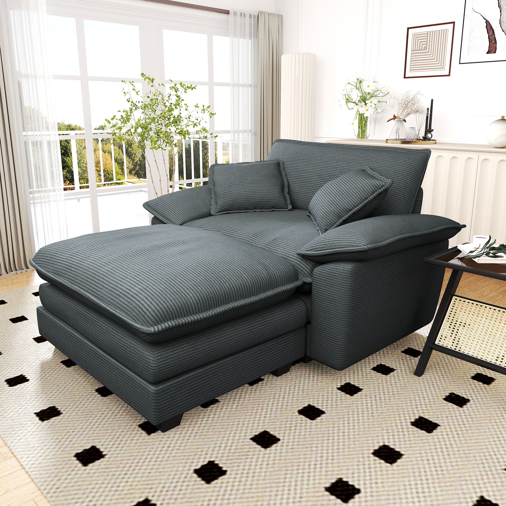 Lunale Oversized Lounge Chair & Ottoman Set - 48" Cloud Corduroy Accent Armchair for Modern Living/Bedroom, Gray Corduroy