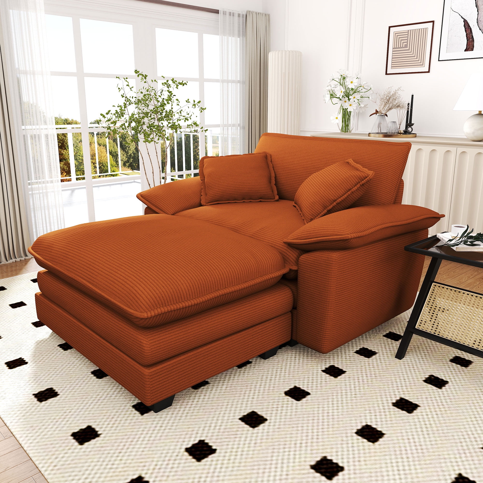 Lunale Oversized Lounge Chair & Ottoman Set - 48" Cloud Corduroy Accent Armchair for Modern Living/Bedroom, Orange Corduroy