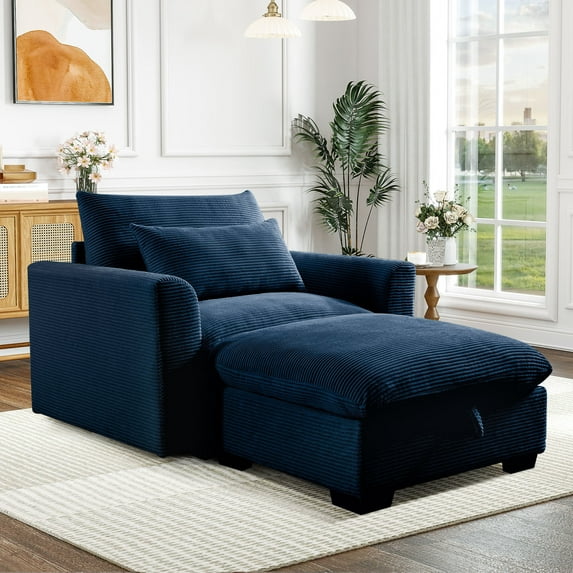 Muumblus Oversized Lounge Chair with Storage Ottoman, Cozy Accent Chair for Living Room, Blue Corduroy
