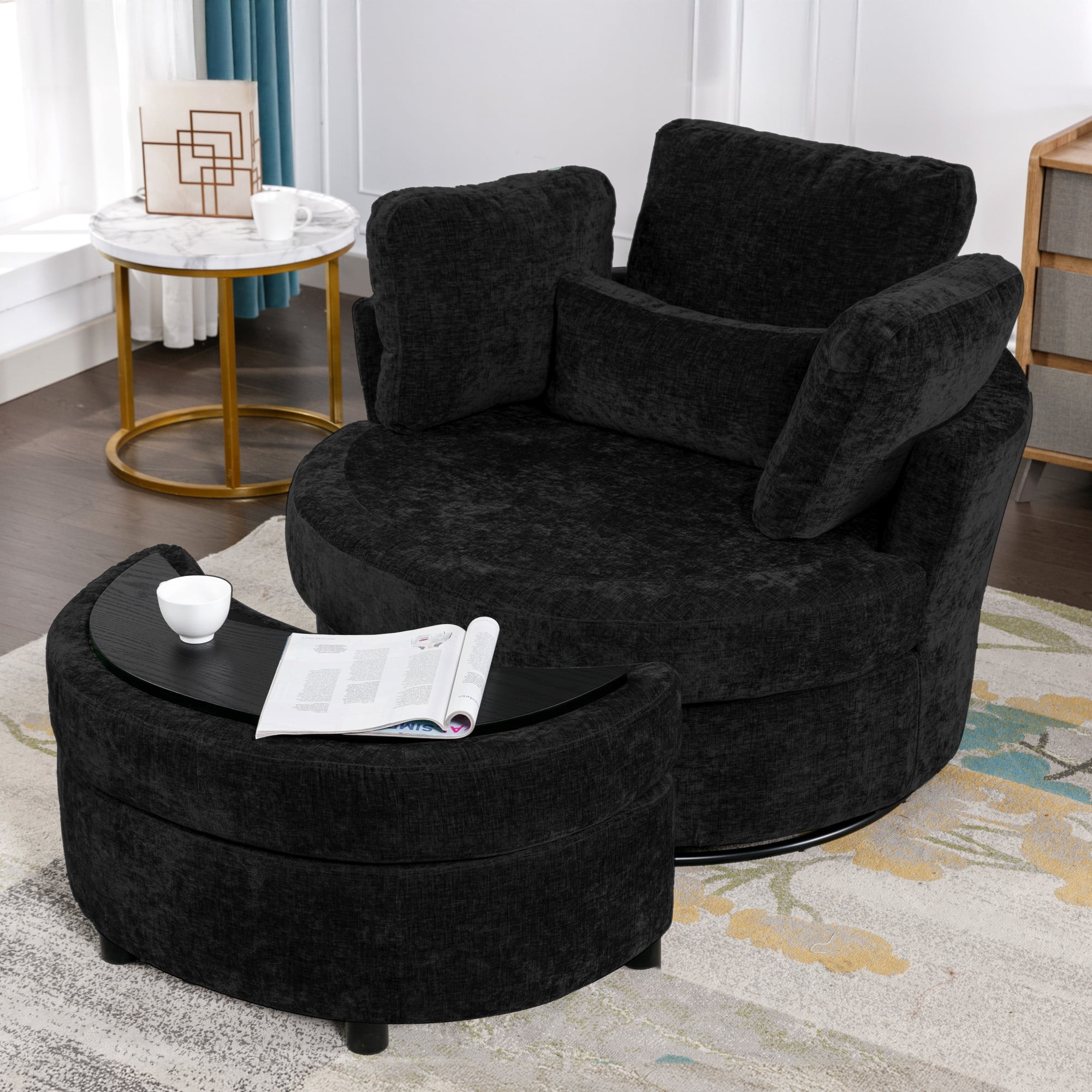 Lunale Oversized Swivel Accent Barrel Chair with Storage Ottoman, Black Chenille