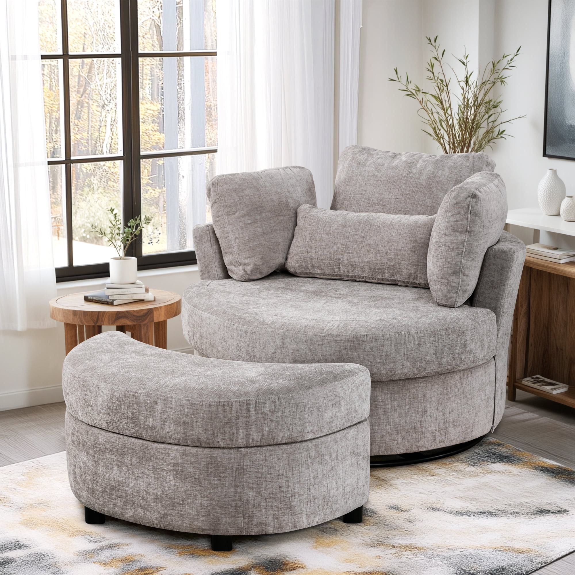 Dinosisco Oversized Swivel Accent Barrel Chair with Storage Ottoman, Chenille, Indoor, Gray