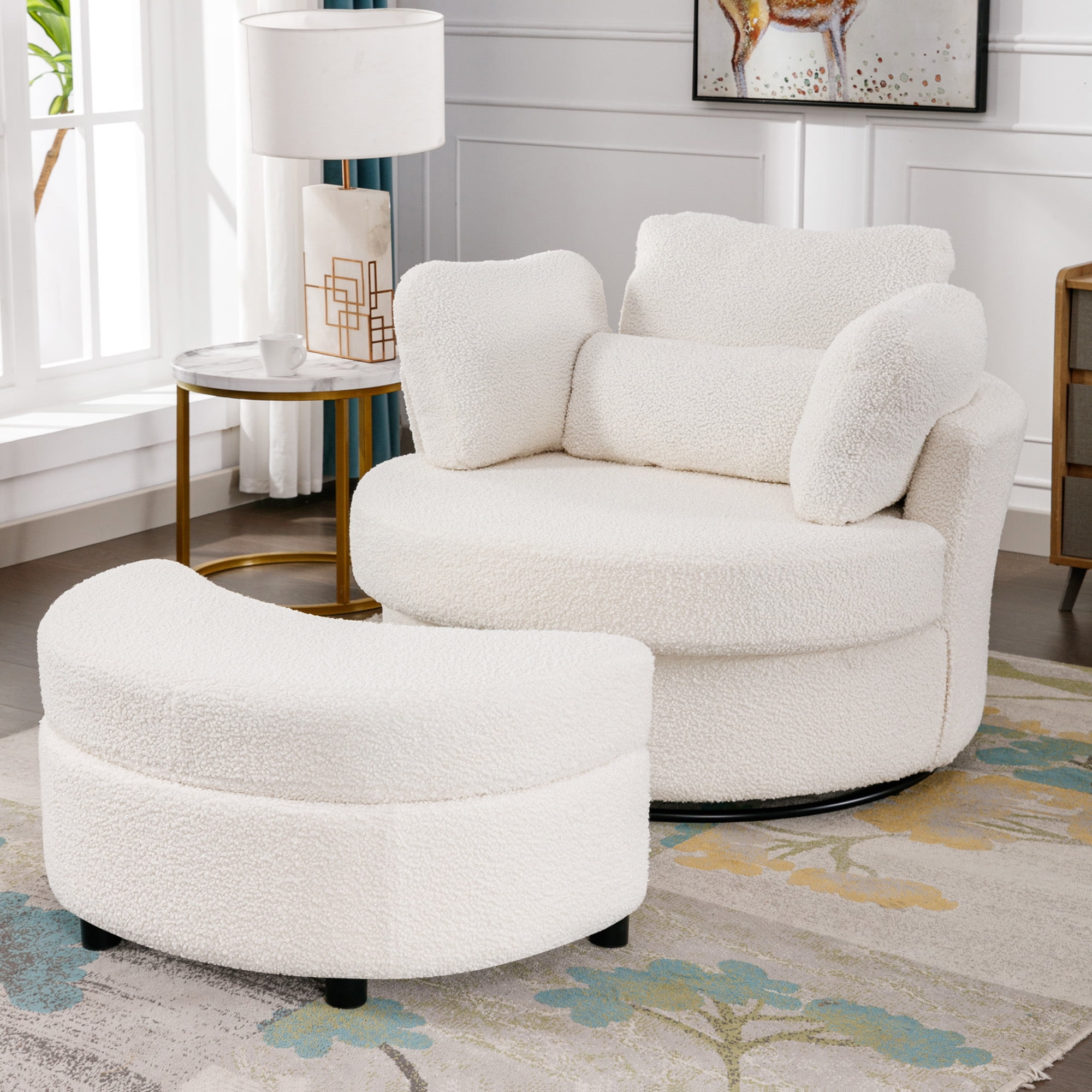 DAZONE White Sherpa Swivel Accent Chair With Ottoman - Fluffy Barrel Chair For Living Room Or Bedroom