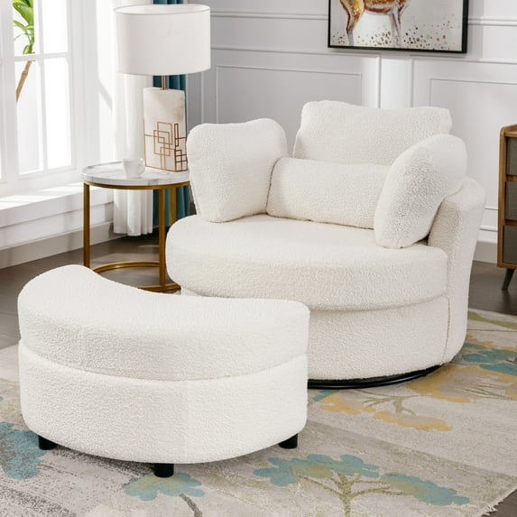 Lunale Oversized Swivel Accent Barrel Chair with Storage Ottoman, White Teddy