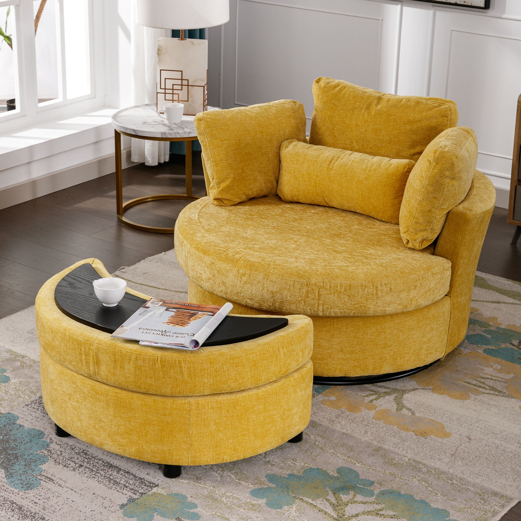 Lunale Oversized Swivel Accent Barrel Chair with Storage Ottoman, Yellow Chenille