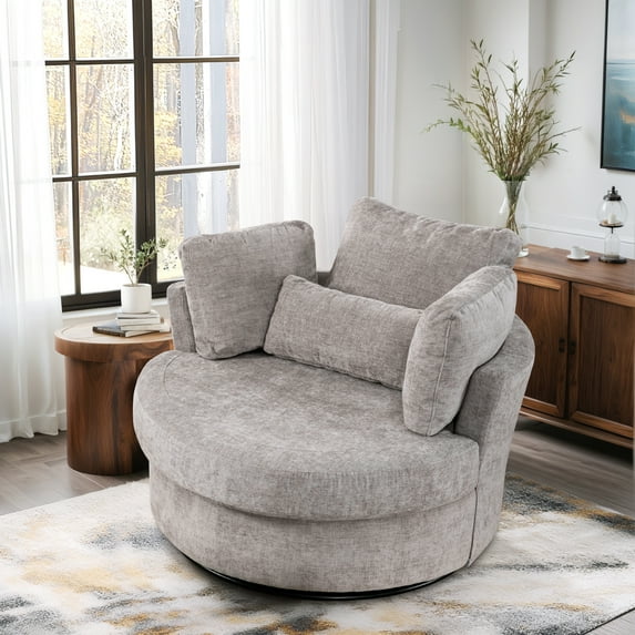 Lunale Oversized Swivel Barrel Accent Chair, Chenille Adult Comfy Reading Armchair, Gray
