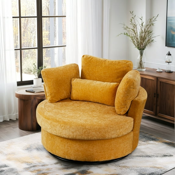 Lunale Oversized Swivel Barrel Accent Chair, Chenille Adult Comfy Reading Armchair, Yellow