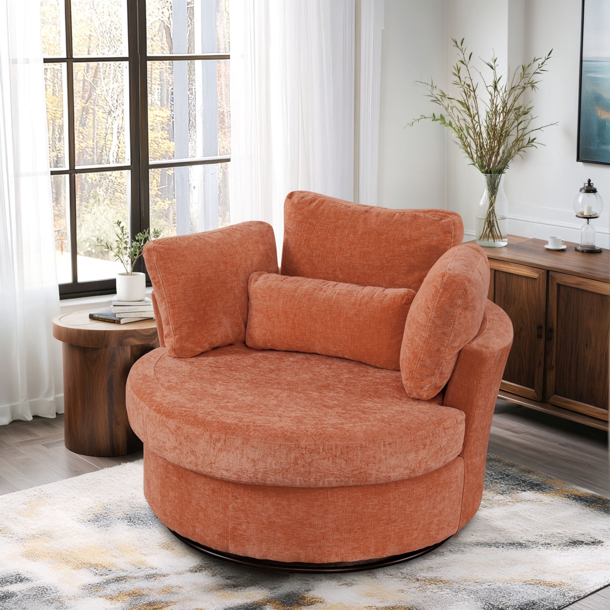 Lunale Oversized Swivel Barrel Accent Chair, Teddy Adult Comfy Reading Armchair, Orange