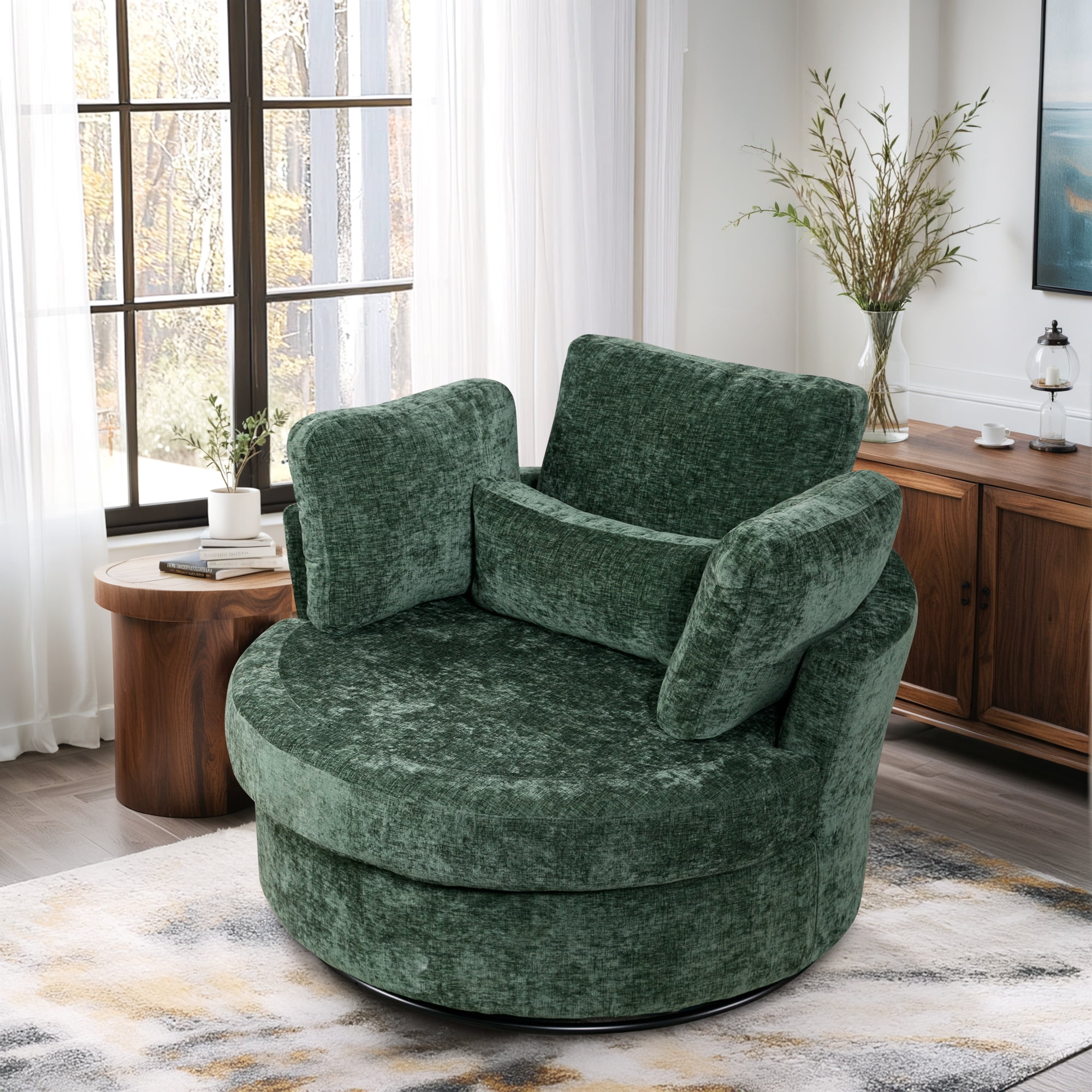 Dinosisco Oversized Swivel Barrel Chair, Chenille Comfy Accent Armchair for Living Room, Green