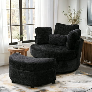 Dinosisco Oversized Swivel Accent Barrel Chair with Storage Ottoman, Chenille, Indoor, Black