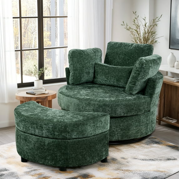 Dinosisco Oversized Swivel Accent Barrel Chair with Storage Ottoman, Chenille, Indoor, Green
