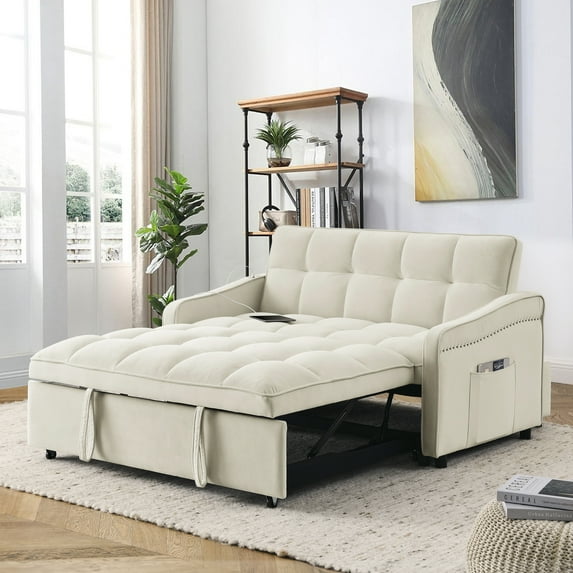 Lunale Pull Out Sofa Bed, Loveseat Sleeper with USB/Type-C, Adjust Back, Convertible Sleeper Sofa for Living Room/Apartment, Beige Velvet