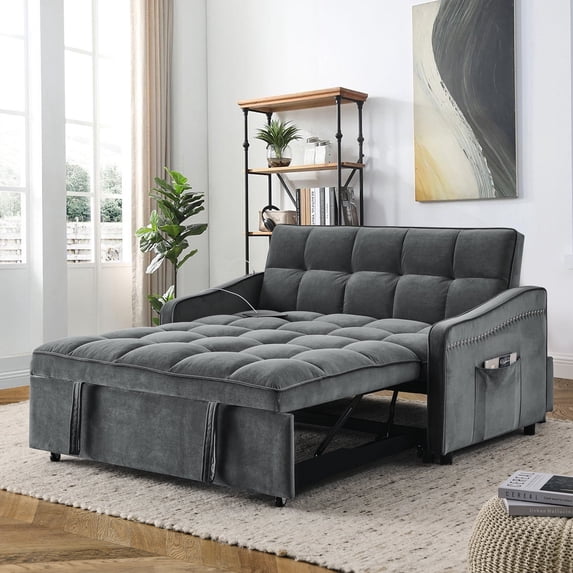 Muumblus Pull Out Sofa Bed with Usb/Type-C, Loveseat Sleeper with Adjust Back, Convertible Sleeper Sofa for Apartment/Living Room, Gray Velvet