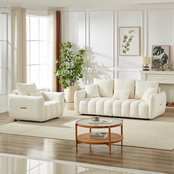 Muumblus Pure 2 Pieces Living Room Furniture Set, Single Sofa Chair and 3-Seater Sofa, Beige Teddy