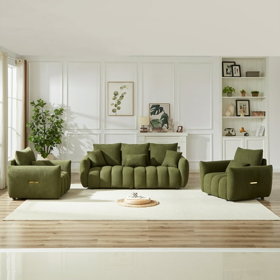 Dinosisco Pure 3 Pieces Living Room Furniture Set, Two Single Sofa Chairs and A 3-Seater Sofa, Green Teddy