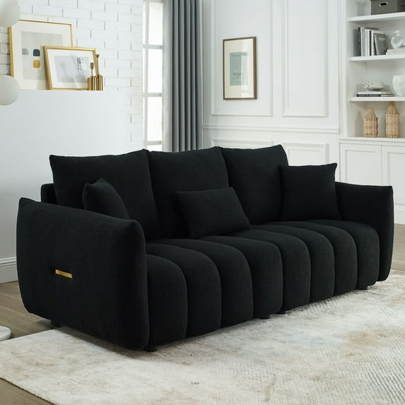 Dinosisco Pure 3-Seater Sofa, 82" Teddy Upholstered Sofa Couch for Living Room, Black