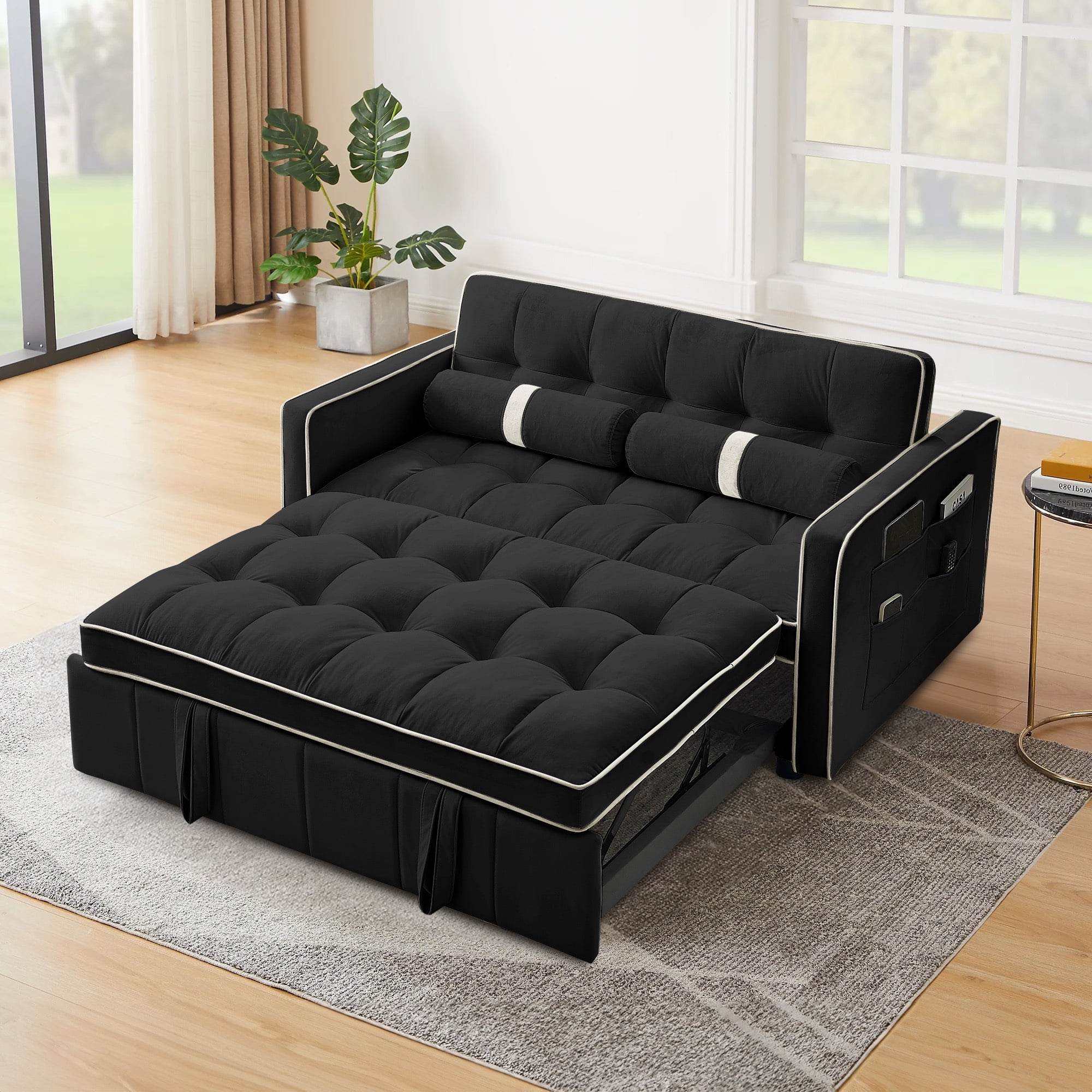 Dinosisco Small Place Pull Out Folding Loveseat Sleeper Couch, 2 Seater Convertible Futon Sofa Bed, Adjustable Backrest, Velvet Couch, Black