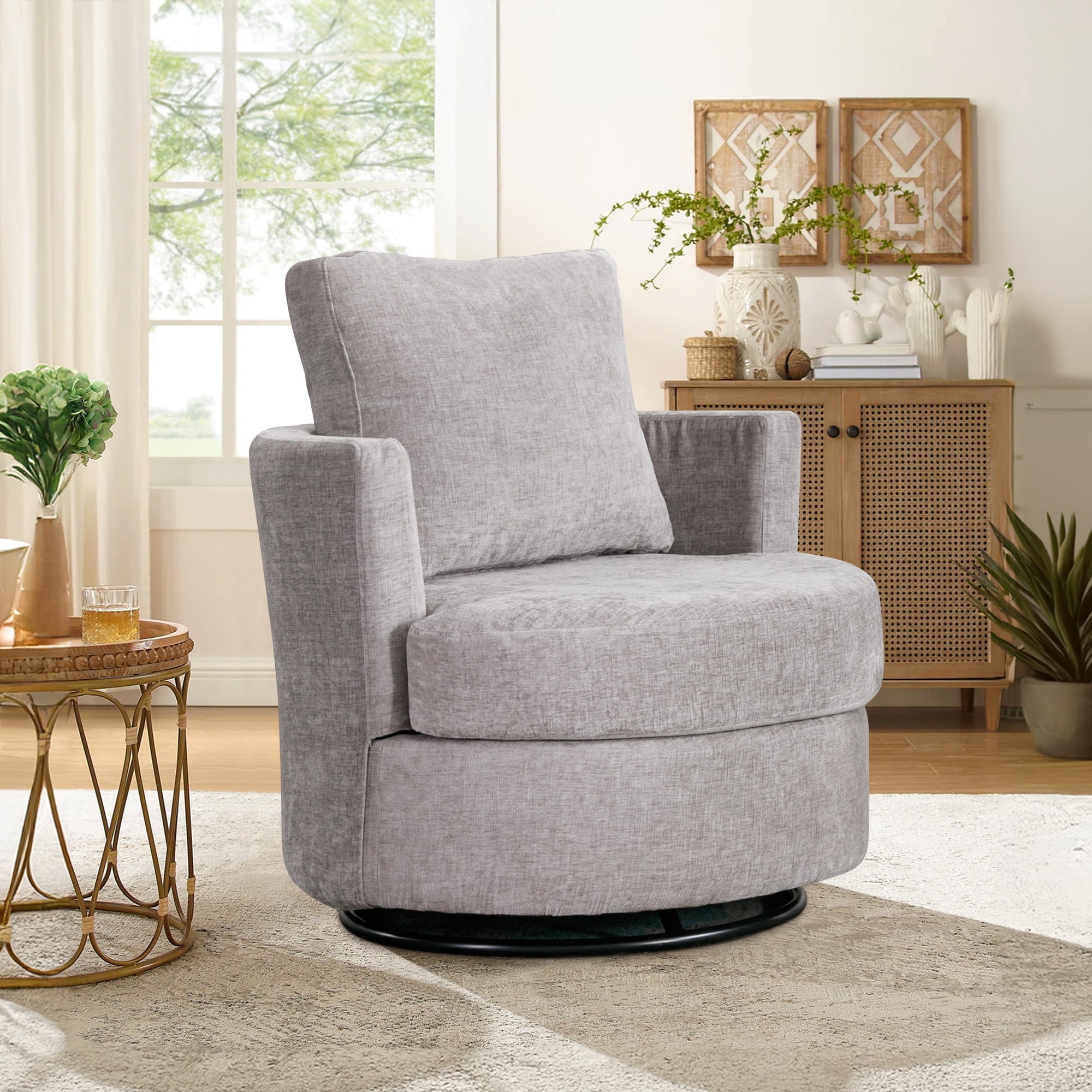 Dinosisco Swivel Barrel Chair, Chenille Accent Armchair for Living Room Bedroom, Gray