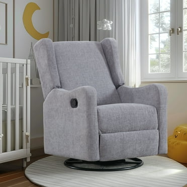 Dinosisco Swivel Glider Rocking Chair for Nursery, Wingback Upholstered Glider Rocker for Living Room, Gray Chenille Fabric