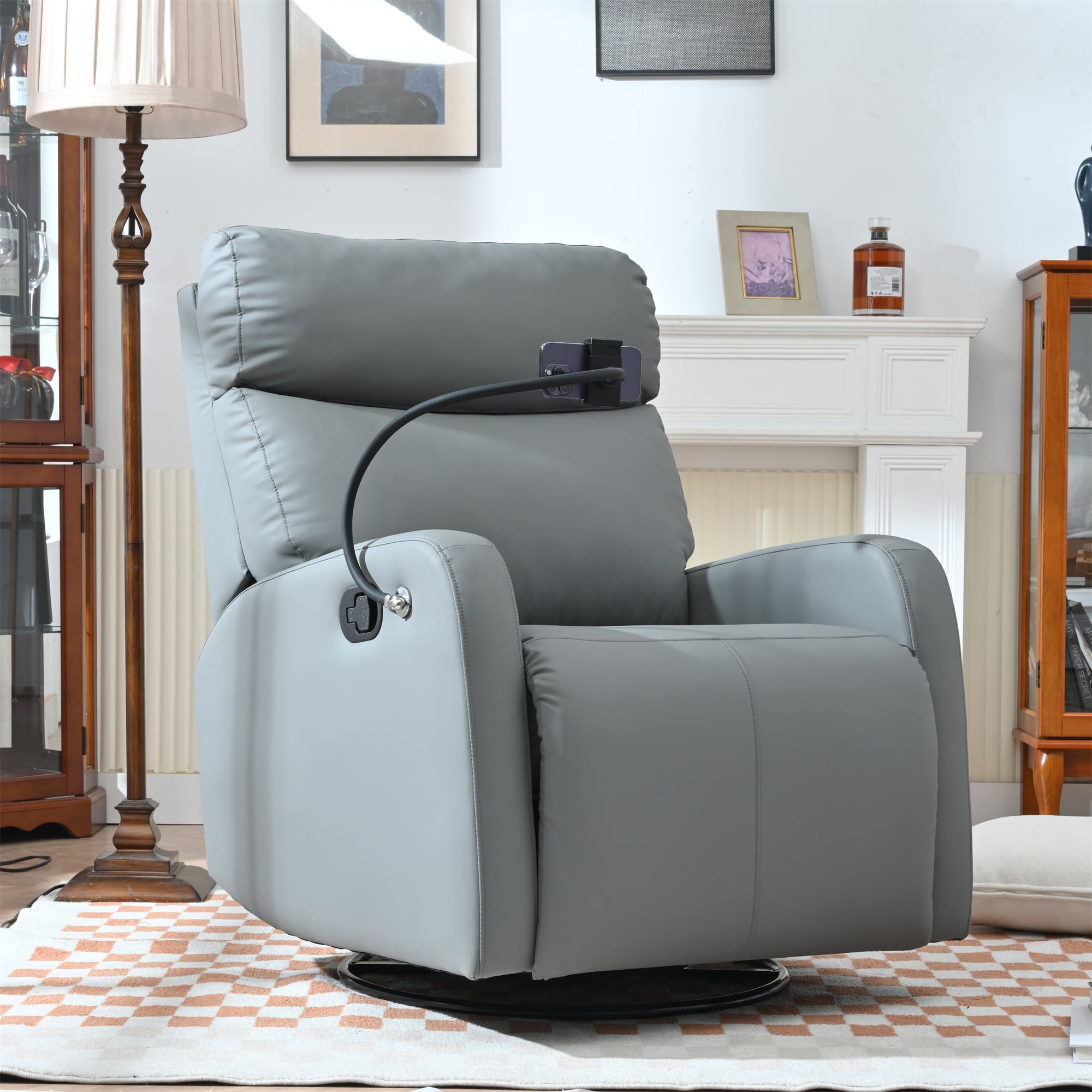 Dinosisco Swivel Recliner with Phone Holder, Faux Leather Glider Rocker, Home Theater Seat, Blue Gray
