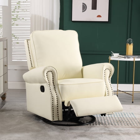 Dinosisco Swivel Rocker Recliner, Upholstered Glider Rocking Chair, Beige Faux Leather