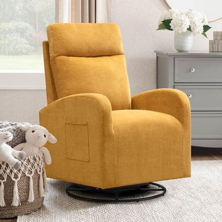 Dinosisco Velvet Glider Rocking Chair for Living Room, High Back Upholstered Swivel Glider Rocker for Nursery, Yellow
