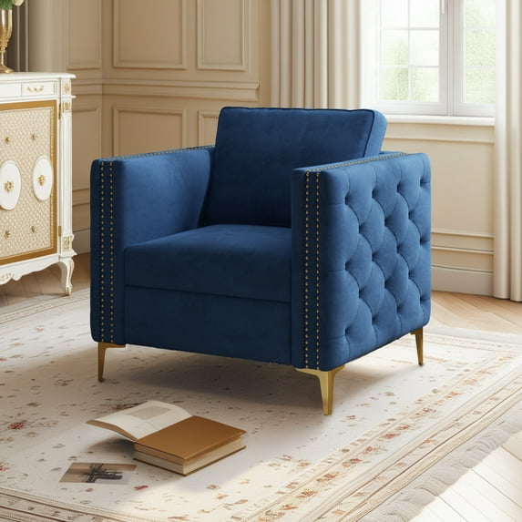 Dinosisco Vintage Tufted Upholstered Accent Armchair for Living Room, Navy Blue Velvet