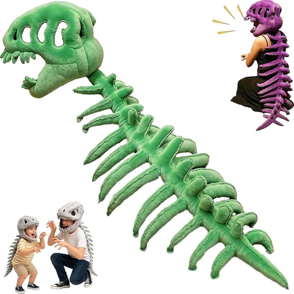 Dinoskelly Plush, Wearable Dinosaur Skeleton Plush Costume, 3D Spinosaurus Skull Plushs Outfit, Themed Skull Cosplay Props (Green, 29.5in)