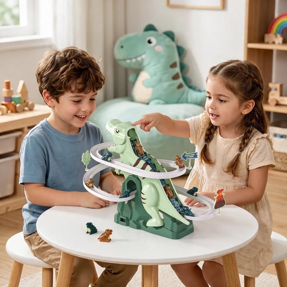 Dinosuar Planet Dinosaur Climbing Slide Stair Toys for Kids Ages 3-6, Racing Track Game Set & Slide Dinosaur Car Toy, Dinosaur Themed with Light & Sound
