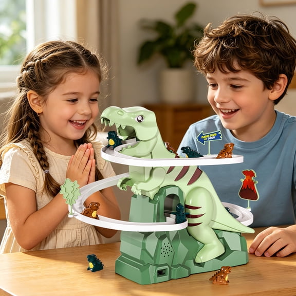 Dinosuar Planet Dinosaur Climbing Slide Stair Toys for Kids Ages 3-6, Racing Track Game Set & Slide Dinosaur Car Toy, Dinosaur Themed with Light & Sound