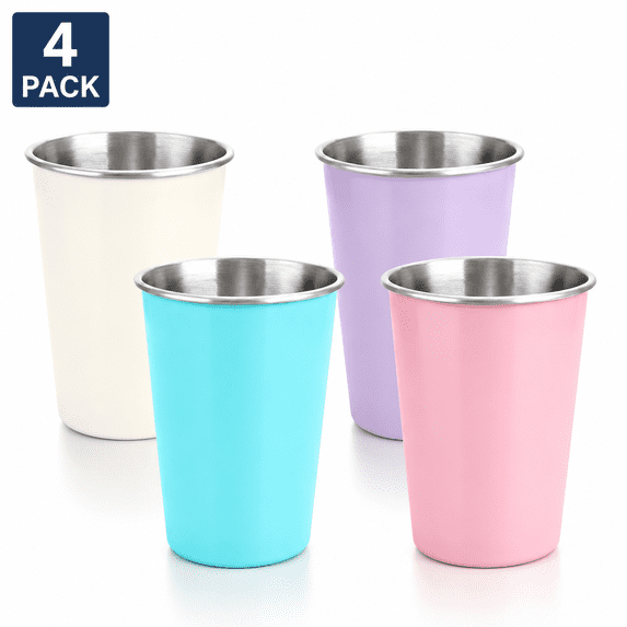 Dintonin Stainless Steel Cups 4 Pack 12 oz Camping Drinkware Unbreakable Stackable Metal Tumbler 304 for Outdoor Home