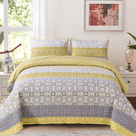 Dintszyayue 3Pcs Floral Boho Quilt Set King,Yellow Bohemian Striped Patchwork Bedspread Adult(90"×110")