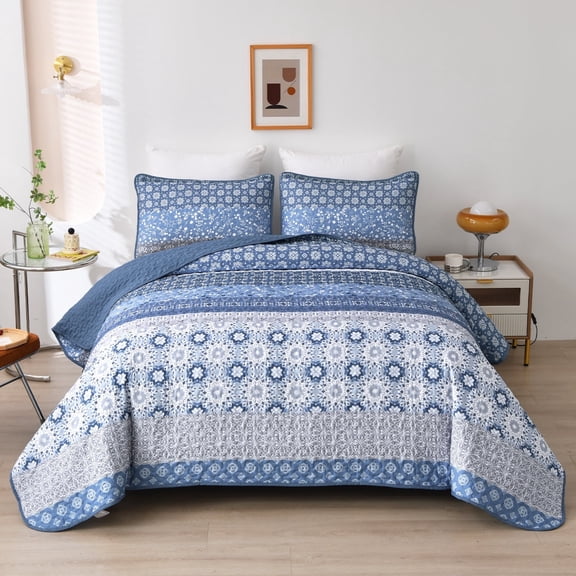 Dintszyayue 3Pcs Floral Boho Quilt Set Queen,Blue Bohemian Striped Patchwork Bedspread Adult(90"×96")