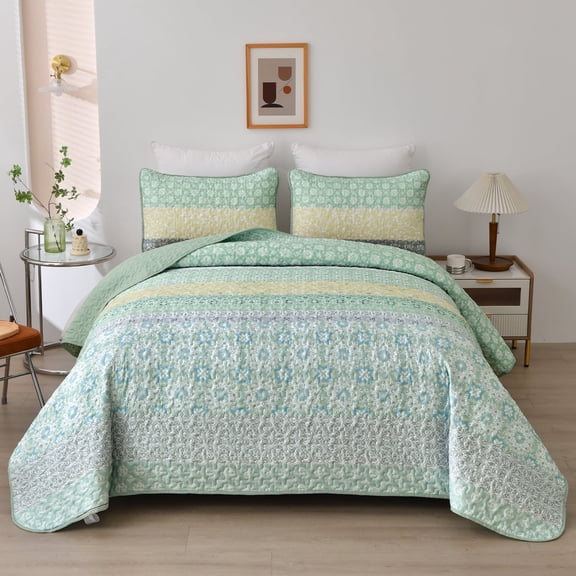 Dintszyayue 3Pcs Floral Boho Quilt Set Queen,Sage Green Bohemian Striped Patchwork Bedspread Adult(90"×96")