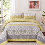 Dintszyayue 3Pcs Floral Boho Quilt Set Queen,Yellow Bohemian Striped Patchwork Bedspread Adult90" 96"