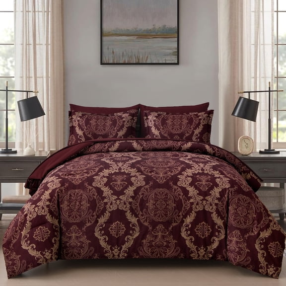 Dintszyayue 7Pcs Red Gold Damask Texture Comforter Set Queen Size, Bed in a Bag Microfiber Adult(90"x90")