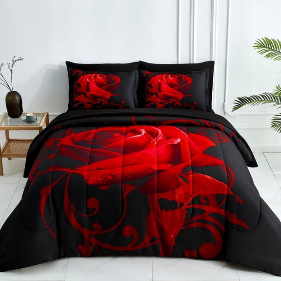 Dintszyayue 7Pcs Red Rose Comforter Set Queen,Bedding Sets Bed in a Bag Microfiber Adult(90"X90")