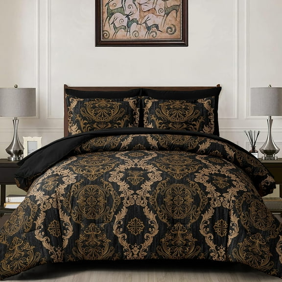 Dintszyayue Black 7Pcs Comforter Set King Size,Gold Damask Texture Bed in a Bag Microfiber Adult(90"x104")