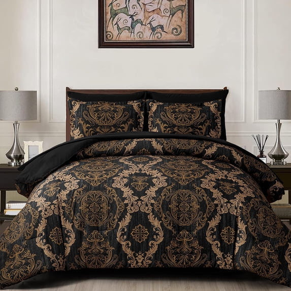 Dintszyayue Black 7Pcs Comforter Set Queen Size,Gold Damask Texture Bed in a Bag Microfiber Adult(90"x90")