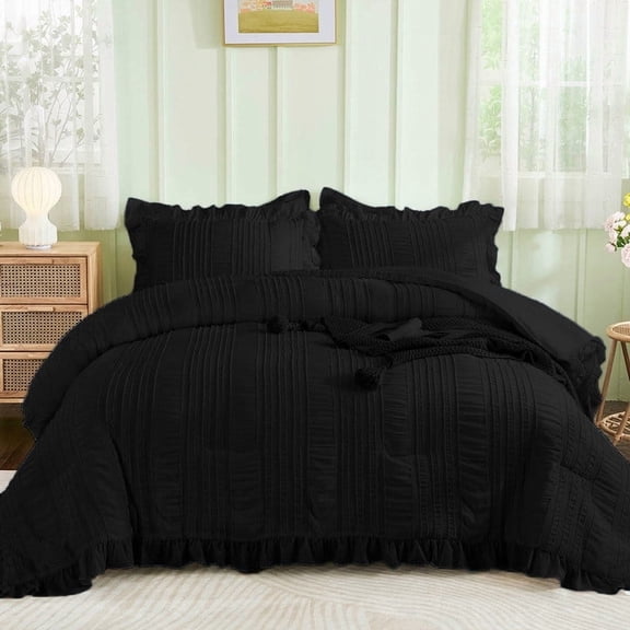 Dintszyayue Black Ruffle King Comforter Set, Soft Ruffled Bubble Yarn Princess Style Bedding Set Adult (90 "x 104")