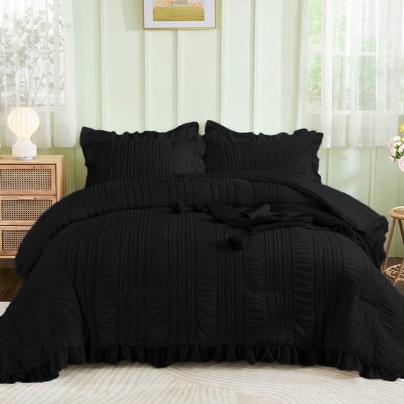 Dintszyayue Black Ruffle Queen Comforter, Soft Ruffled Princess Style Bedding Set, 90 in x 90 in