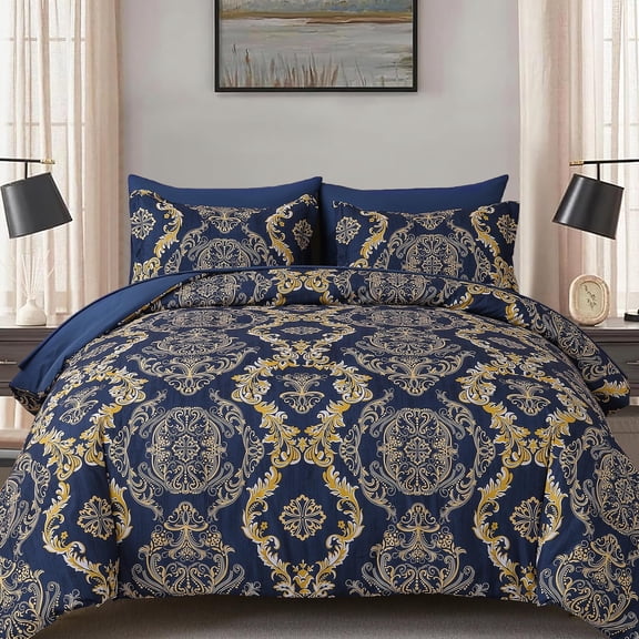 Dintszyayue Blue 7Pcs Comforter Set King Size,Gold Damask Texture Bed in a Bag Microfiber Adult(90"x104")