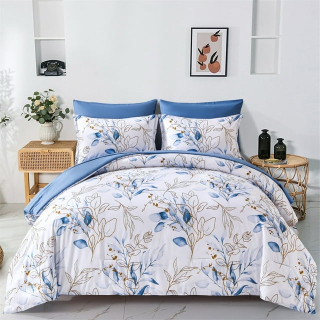 Dintszyayue Blue Floral 7 Pcs Comforter Set King Size,Botanical Bed in a Bag Adult(90"x104")