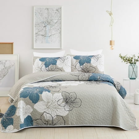 Dintszyayue Blue Floral King Size Bedspread Quilt Set 3-Piece Bohemian Lightweight Bedding (90 x 110 inches)