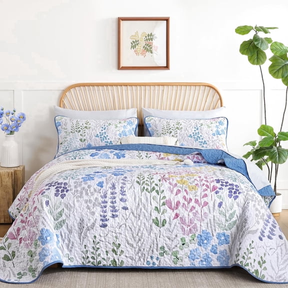 Dintszyayue Blue Flower Quilt Sets Queen Size 3Pcs Bedspreads Floral Soft Cozy Coverlt Set Bed Microfiber Adult(90"x96")