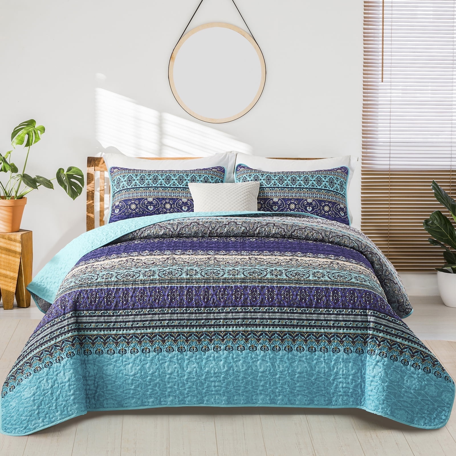 Dintszyayue Bohemian Quilt Set King Blue,3Pcs Stripe Boho Bedspread Lightweight Adult(90"x110")