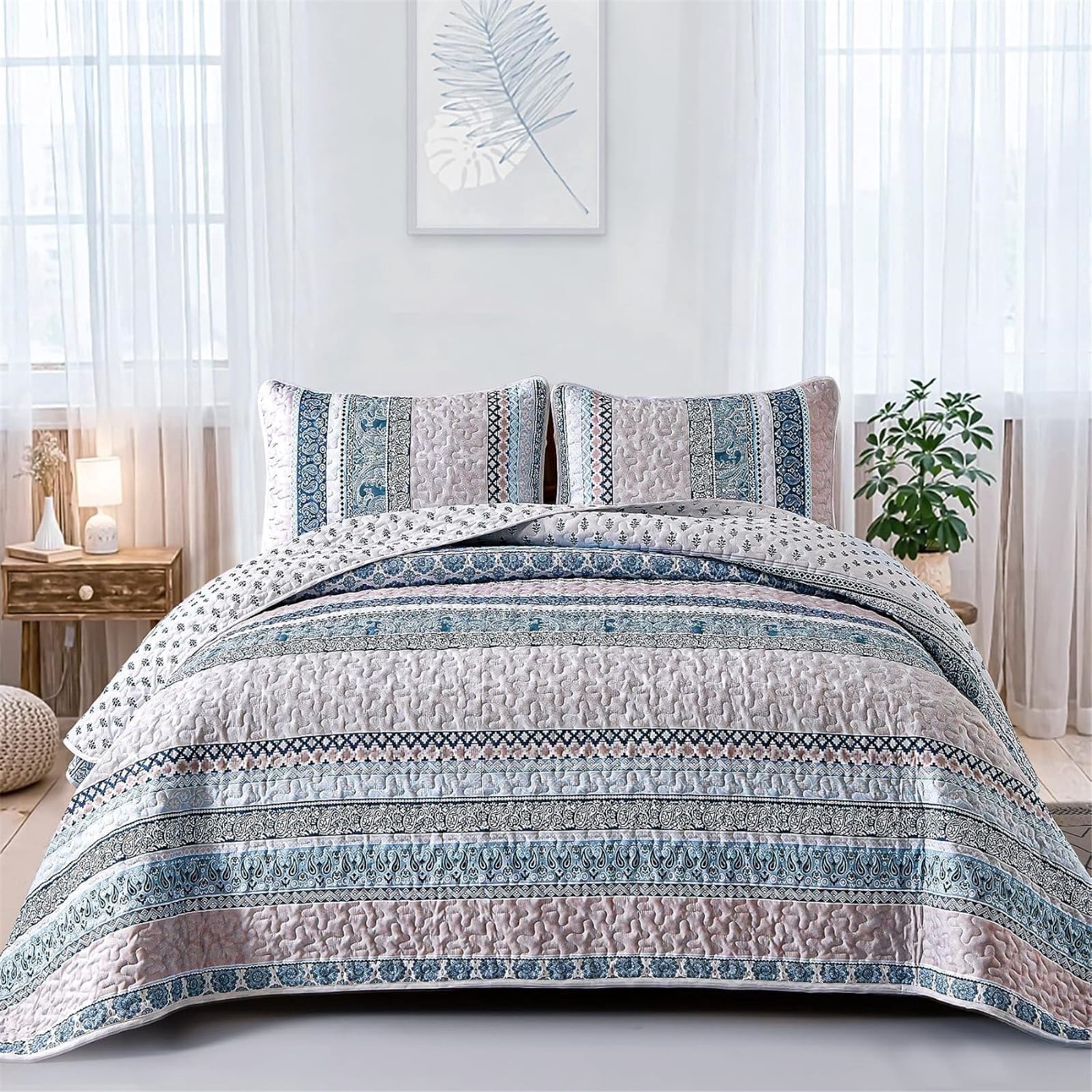 Dintszyayue Bohemian Quilt Set King Size, 3 Pcs Stripe Bedding Sets Lightweight Adult(90"x110")